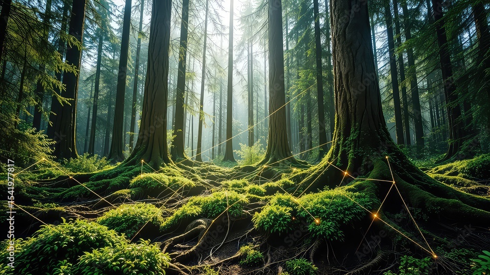 Poster sunlight filters through a dense forest canopy illuminating a network of interconnected lines and th