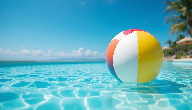 This cheerful image features a colorful beach ball gently floating in a crystal-clear pool, set against a bright blue sky with open copy space—a perfect symbol of summer relaxation, fun, and leisure. 