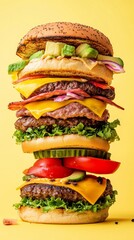 Stacked gourmet burger featuring multiple layers of beef patties, cheese, fresh vegetables, and sauces, set against a vibrant yellow background, showcasing culinary creativity and indulgence