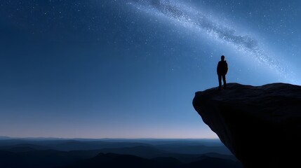 Silhouetted hiker gazing at galaxy on cliff edge