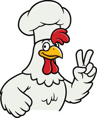 Cartoon Chef Chicken Wearing a White Hat and Making a Peace Sign, Ideal for Food Illustrations and Children's Designs