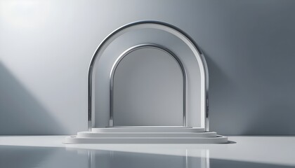This sleek and sophisticated 3D illustration features an abstract minimal architecture background with striking geometric elements and a smooth chrome or metallic arch design. The clean lines, reflect