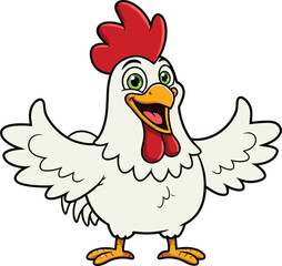 Cheerful Cartoon Rooster with Red Comb and Wings Spread, Perfect for Farm Animal Illustrations and Children's Designs