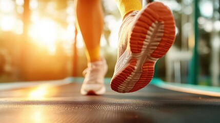 A close-up of athletic shoes moving quickly on a treadmill in a sunlit environment, showcasing the energy and focus of personal fitness and healthy living.