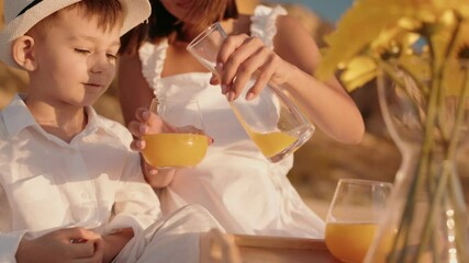 A mother and her young son are enjoying a summer picnic together. They're both wearing white and smiling. They could be a family or friends - Powered by Adobe