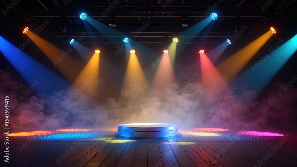 Poster illuminated platform amidst a hazy stage with vibrant beams of light creating a captivating and thea