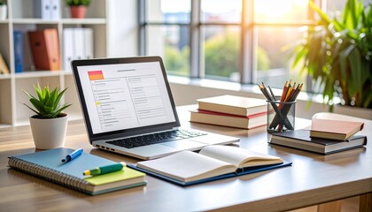 Fototapeta premium High-Detail Scholarly Workspace with Open Laptop, Academic Journals, Highlighters, and Citation Checklist on Clipboard for Rigorous Academic Research and Study
