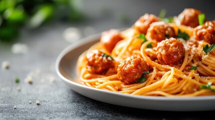 A vibrant presentation of spaghetti and meatballs garnished with herbs, showcasing culinary excellence and the joy of Italian cuisine in an appetizing manner.