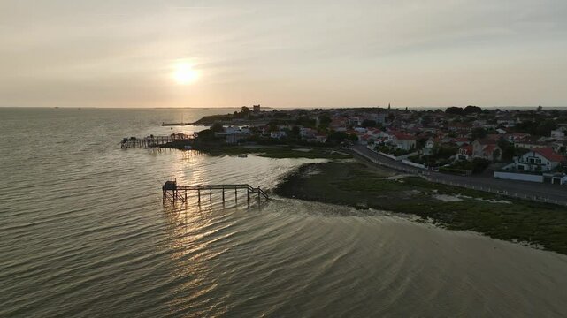 Sunset over Randonnee entre Histoire et Nature from a drone, Fouras, Fouras-les-Bains, Charente-Maritime, Nouvelle-Aquitaine, France, Europe
