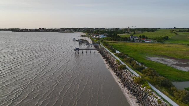 Fishing huts over Randonnee entre Histoire et Nature from a drone, Fouras, Fouras-les-Bains, Charente-Maritime, Nouvelle-Aquitaine, France, Europe	