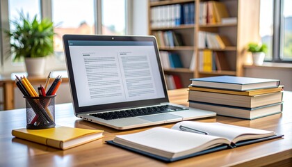 High-Detail Scholarly Workspace with Open Laptop, Academic Journals, Highlighters, and Citation Checklist on Clipboard for Rigorous Academic Research and Study