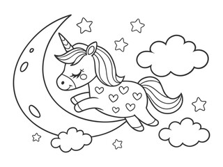 Naklejka premium A cute cartoon unicorn is sleeping on the moon, surrounded by clouds and stars