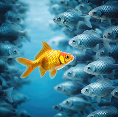 Fototapeta premium Vibrant goldfish swims confidently among school of silver fish underwater, expressing uniqueness and contrast