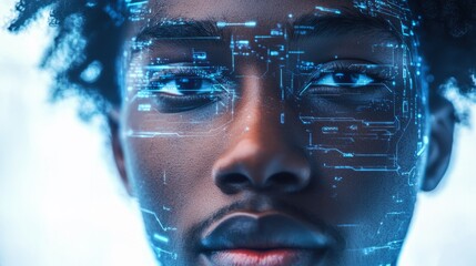 Young African American man with digital facial overlay, showcasing futuristic technology and innovation, representing the intersection of humanity and artificial intelligence in a modern context