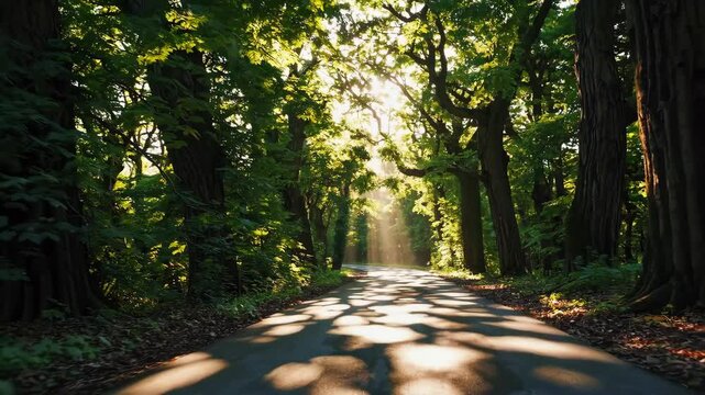 Sunlit Path Through Lush Green Tree Lined Road
