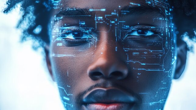 Young African American man with digital facial overlay, showcasing futuristic technology and innovation, representing the intersection of humanity and artificial intelligence in a modern context