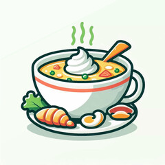 A cartoonstyle steaming soup bowl with cream sitting on a plate with vegetables and bread