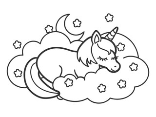 A cute cartoon unicorn is sleeping on the moon, surrounded by clouds and stars