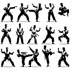 Premium Vector Collection of Dynamic Karate Pose Silhouette Icons for Martial Arts and Design Projects