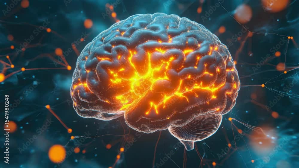 Poster depicting brain with neural sparks in a futuristic space background