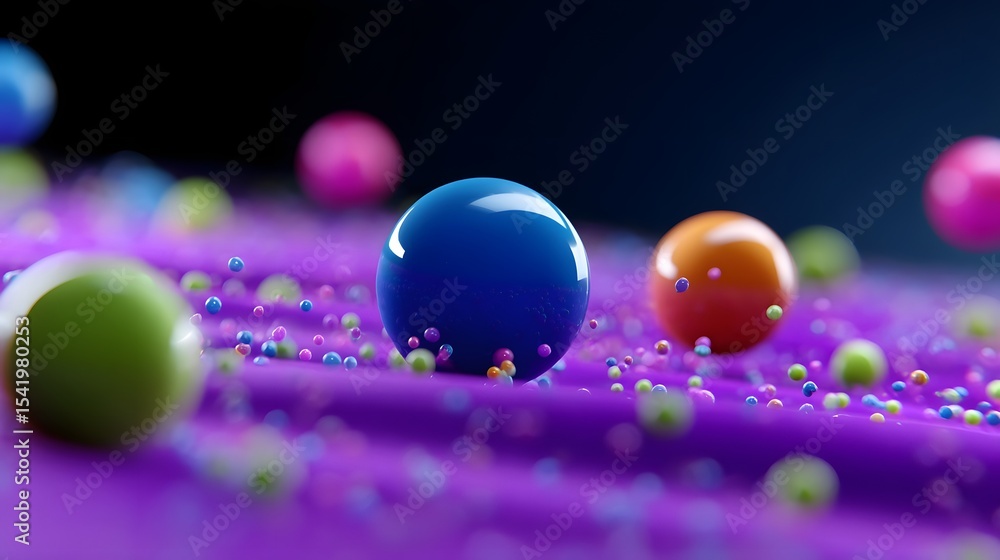 Poster abstract space scene with floating planets and colorful particles