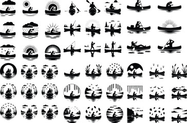 Person in Canoe Icon Silhouette Set – Adventure Paddling Scene Canoeing Silhouette Set – Outdoor Water Travel Icon Collection