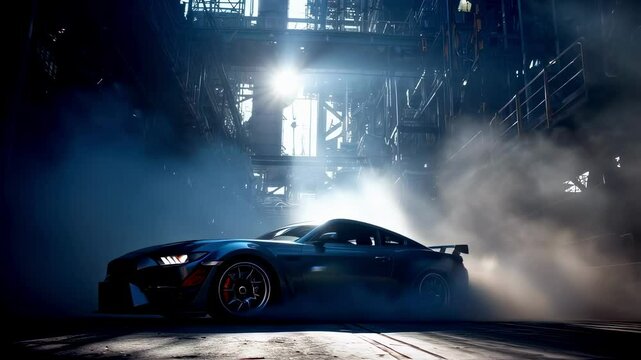 Powerful tuned sports car is drifting and burning tires inside an abandoned industrial complex, creating a cloud of smoke under a dramatic light beam