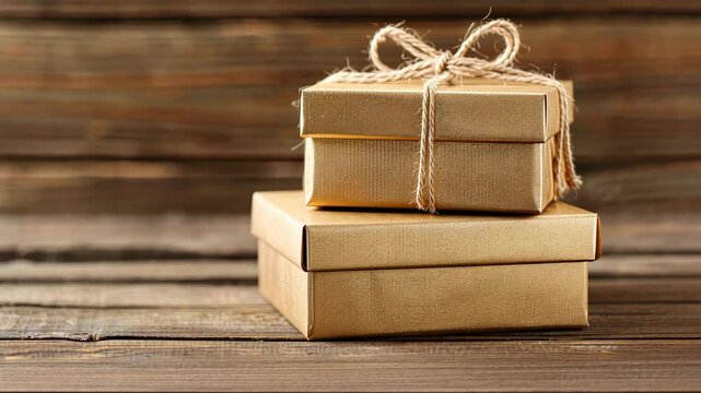 Golden gift boxes tied with twine sit on a textured wooden surface, perfect for any special occasion or celebration