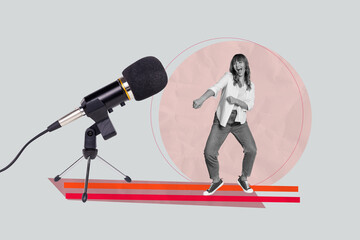 Trendy art creative full zine photo collage of happy girl guy dance weekend karaoke event interview...