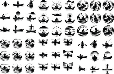 Person in Canoe Icon Silhouette Set – Adventure Paddling Scene Canoeing Silhouette Set – Outdoor Water Travel Icon Collection