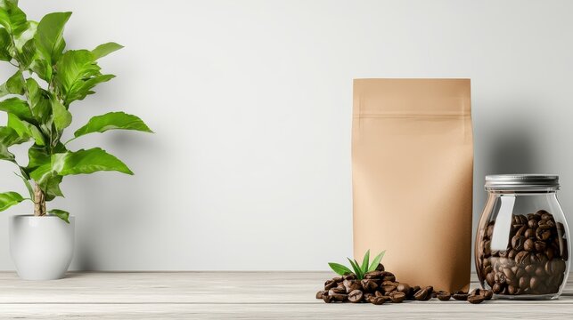 A beautifully arranged scene of coffee beans in a jar and a bag on a wooden table, depicting freshness and the essence of coffee culture. - Powered by Adobe
