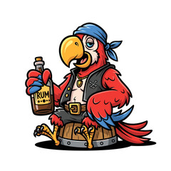 Naklejka premium Pirate parrot with a bottle of rum and blue bandana, red feathers and confident expression, ideal for humorous or adult pirate-themed artwork.