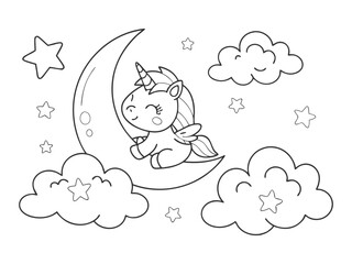 A cute cartoon unicorn is sleeping on the moon in clouds. Black and white illustration for coloring book