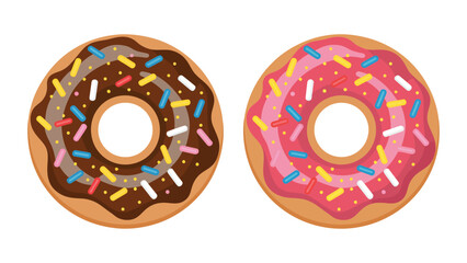 Fototapeta premium two colorful donuts with chocolate and strawberry icing, topped with rainbow sprinkles, isolated on white background for food themes