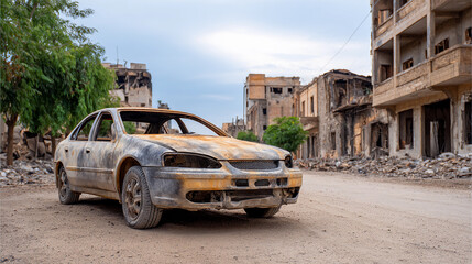 a burnt car from a fire and destruction during a natural disaster or war with destroyed houses in a disaster
