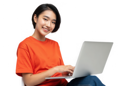 Smiling woman using laptop isolated on transparent background