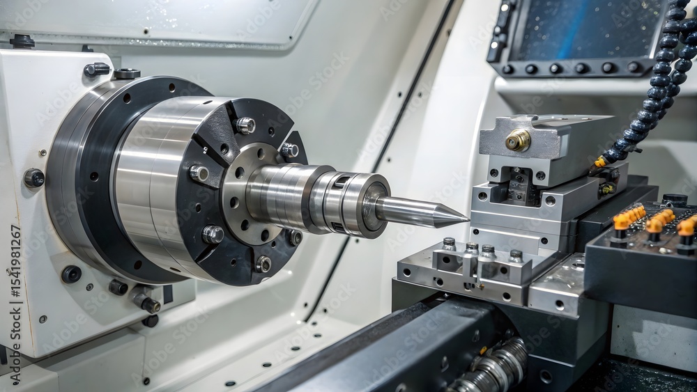 Poster close-up view of a cnc lathe during operation, showcasing the precision tooling and intricate metalw
