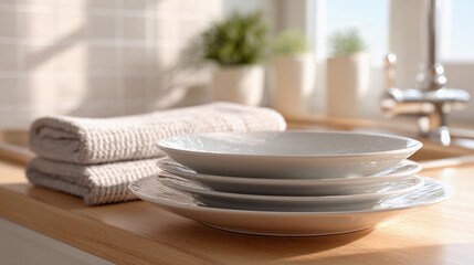 clean dishes plates in the kitchen with towels with kitchen utensils