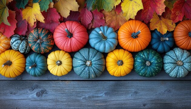 Colorful pumpkins and autumn leaves are arranged on rustic wooden background. Good for thanksgiving, seasonal events, and food related content.
