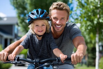 Fototapeta premium Smiling father and son enjoy a bike ride in a suburban neighborhood on a sunny day