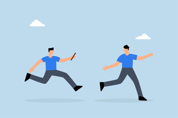 Business baton pass, entrepreneurs associates partners hand off responsibilities swiftly for achievement.