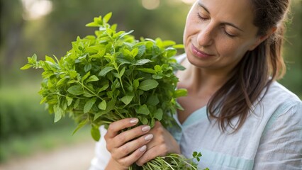 A woman gently cradles a lush bouquet of fresh mint, her eyes closed in peaceful contentment, enjoying the fragrant herbs aroma in a sunlit garden setting.