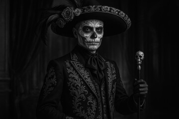 Striking black and white Dia de Muertos portrait: El Catrín figure with sugar skull makeup, ornate embroidered suit, wide-brimmed hat, and skull-topped cane.