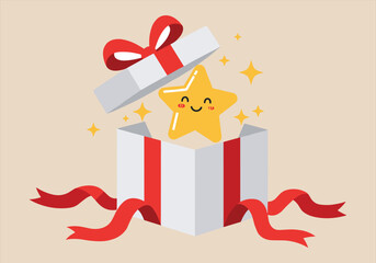 Cute Gift Box Surprise – Present, Star, Ribbon decoration, Holiday cheer, Happy package vector, Celebration moment illustration – Vectors illustrations.