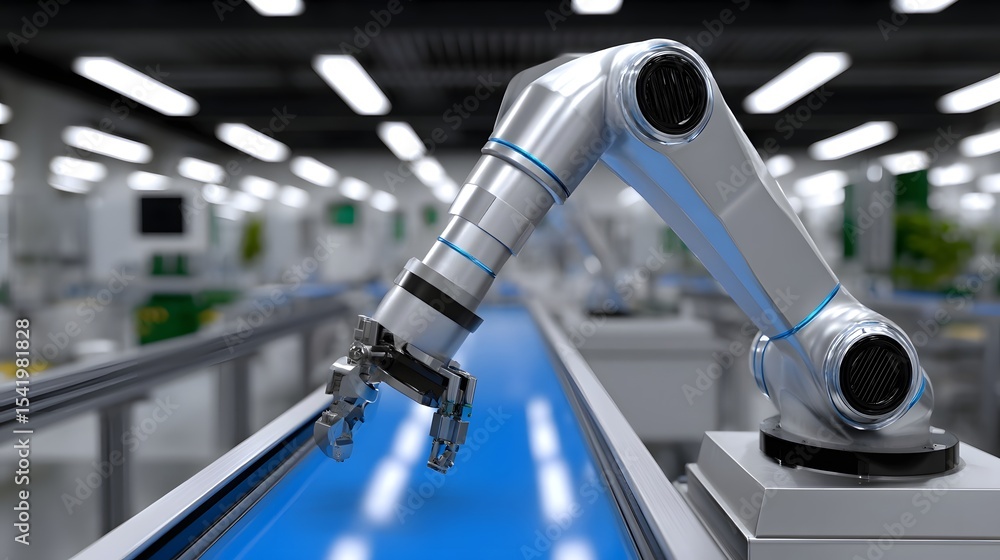 Poster technician programming robots in a high-tech manufacturing facility