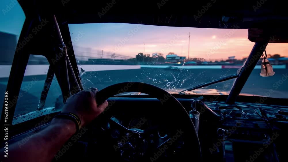 Poster sunset racing view from driver's perspective, hands tightly gripping steering wheel while navigating