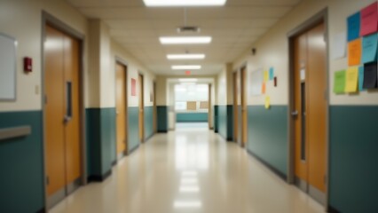 Obraz premium Empty School Corridor Long Perspective Classroom Doors Quiet Atmosphere Educational Building Long Hallway Deserted School Space Tranquil Setting