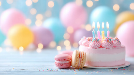 banner birthday card with empty space for text with balloons and cake