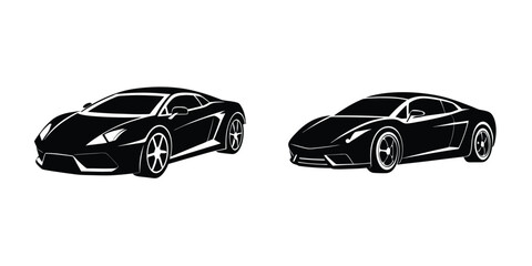 Elegant Sports Car Angled View Charging Ahead Flat Silhouette on White Background