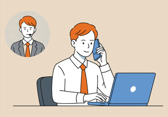 Business Call and Laptop Work – Communication, Office, Remote support, Phone conversation, Male employee vector, Digital workspace illustration – Vectors illustrations.